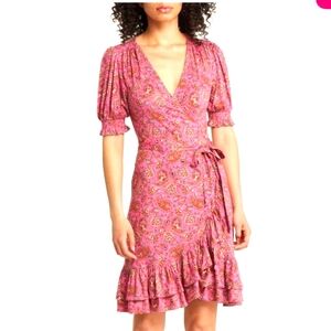 Boden Wrap dress Ruffle accents Pink paisley Boden size 8L